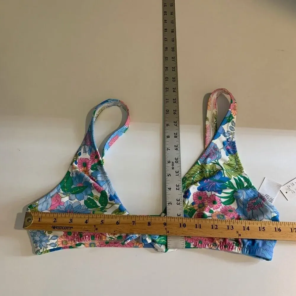 J Crew Bikini Top Womens L Large Multi Fairy Floral Print Eco Tie Front Swimwear